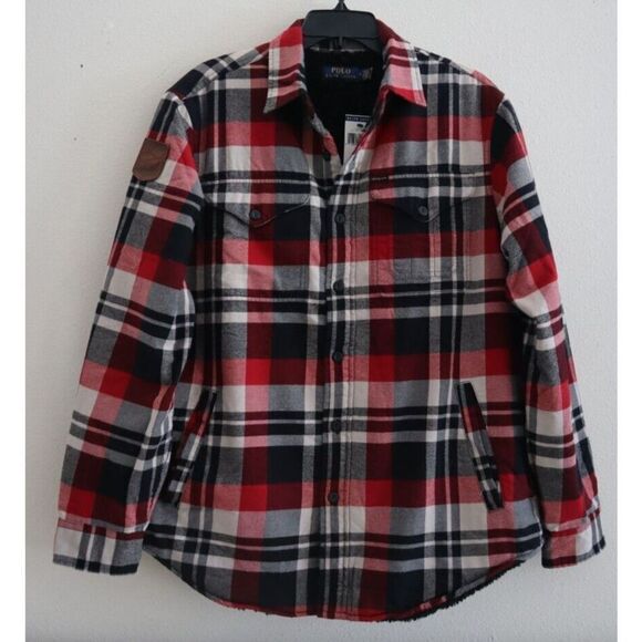 Polo Ralph Lauren Mens Sz M Multi Plaid Sherpa Fleece Lined Flannel Shacket $228 - Picture 1 of 14